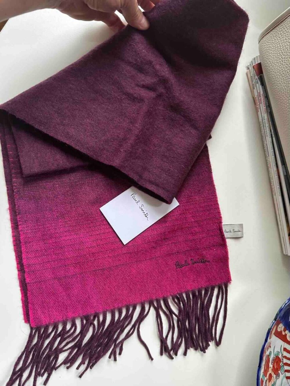 Gorgeous Paul Smith 100% Cashmere Scarf Plum Ombre Fucshia Pinstripe Unisex NWT